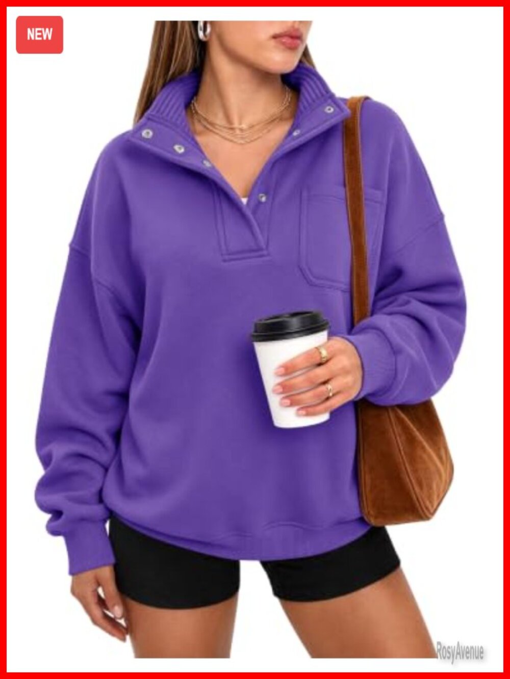 Oversized Henley Neck Pullover Sweatshirt with Snap Buttons and Chest Pocket